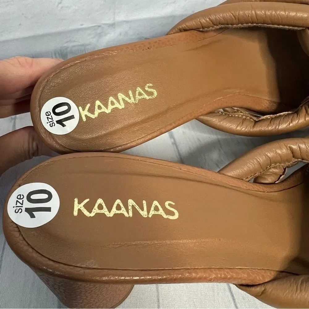 Kaanas Tan Braided Leather Square Toe Slip On Heel Sandals Size 10 NEW